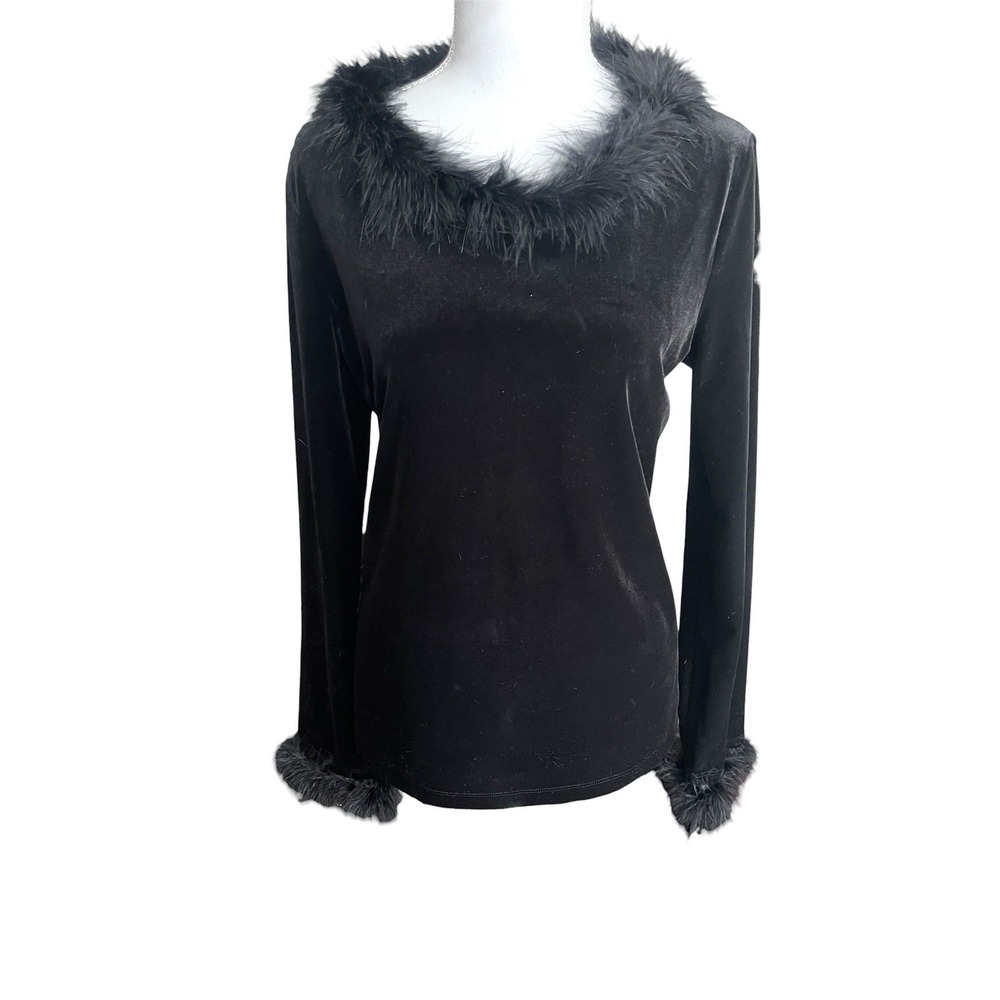 Vintage 90s Black Velvet Long Sleeve Top Fur Feather Trim Vampy Gothic Glam Sz M - Picture 2 of 12